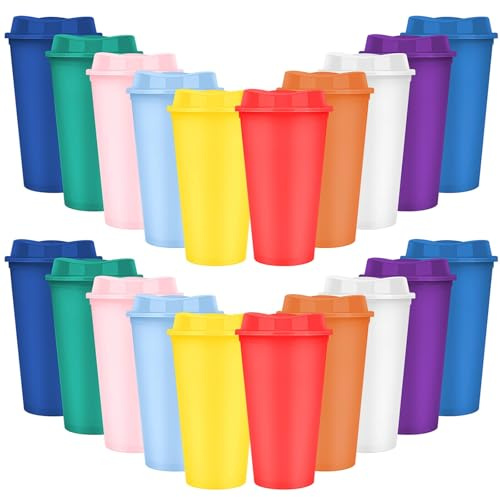 YFNVH Lot de 20 Gobelets à Café Réutilisables avec Couvercle – 473 ml (16 oz), Tasses en Plastique Colorées, pour Boissons Chaudes et Froides, Bureau, Voyage, Anniversaire, Fête