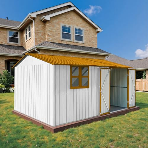 10' x 8' Large Outdoor Storage Shed, Sturdy Metal Building w/Windows & Lockable Doors for Garden, Backyard, Poolside and Lawn, Yellow
