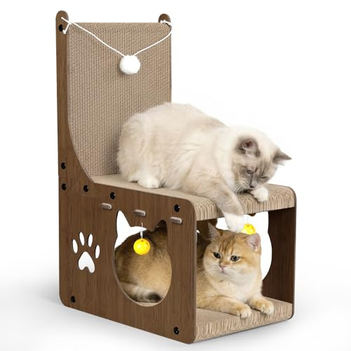 Gimars Grattoir Chat Carton en Forme de Chaise, Griffoirs pour Chats avec Balles et Tunnel Cachette, Protège-Meubles pour Chats d’Intérieur (Noyer)