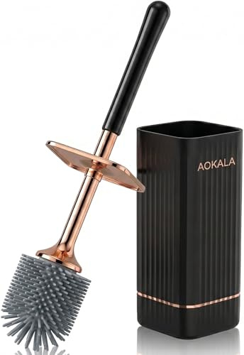 Aokala Toilet Brush and Holder, Elegant Silicone Toilet Bowl Brush Set with Ergonomic Long Handle, Modern Bathroom Decor Cleaning Accessories, Durable, Deep Cleaning - Black (Black)