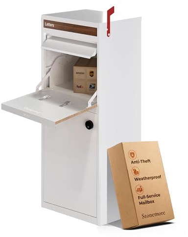 Stonemore Hudson USPS Compatible Mailbox, Snow White/Walnut Package Mailbox, Anti-Theft Locking Parcel Drop Box for Porch Or Curbside, Large Mailbox for Packages, Weather-Sealed Powder Coated Steel