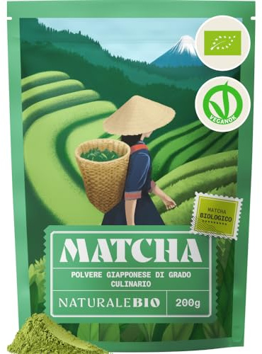 NaturaleBio Tè Verde Matcha Biologico in Polvere 200g. Grado Culinario. The Matcha Prodotto in Giappone. Ideale per Dolci, Frullati, Tè Freddo, Latte e in Cucina Come Ingrediente nelle Ricette