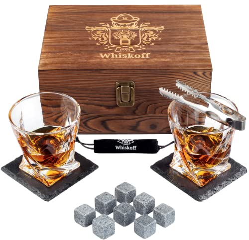 Bourbon Glass Set di 2 - Whisky Stones in Confezione Regalo - Twist Scotch Bicchieri Roccia & Pietre Raffreddanti - Idea regalo per Uomo Bicchieri per Wisky
