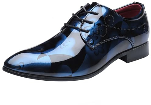 wealsex Derby Homme PU Cuir Verni Bout Pointu Chaussures de Ville Plate Coiffeurs Mode Chaussures Habillées (Bleu,47)