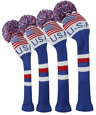 Scott Edward USA Flag Patriotic Golf Club Covers Set of 4 Driver*1 Fairway*2 Hybrid/UT*1 Anti-Pilling Anti-Wrinkle Washable Acrylic Yarn Knit Golf Club Head Covers for Golfers