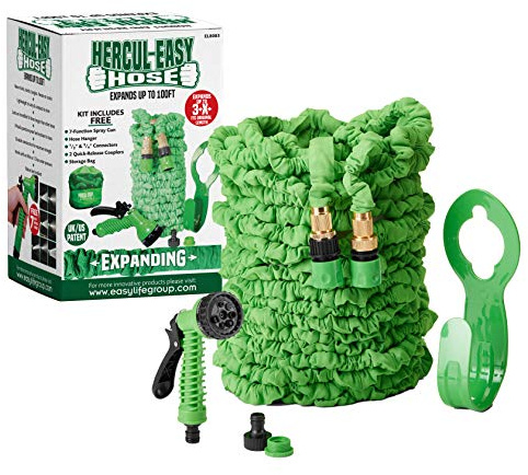 Hercul-Easy Expandable 100ft Garden Hose Set – Flexible Hose with 7 Way Spray Gun - Aluminium & Brass Connectors, Hose Holder & Tap Connectors - Water Pipe with Free Storage Bag, 100ft, Blue