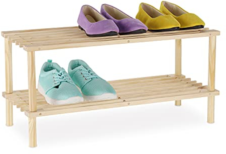 Relaxdays Schuhregal Holz, schmaler Schuhständer mit 2 Ebenen, bis zu 4 Paar Schuhe, H x B x T: 29,5 x 63 x 26 cm, Natur