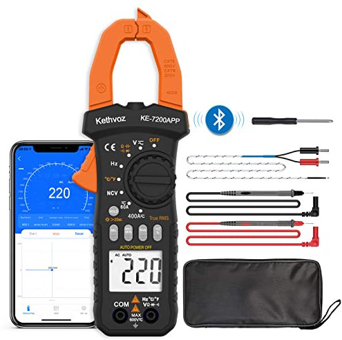 Multimeter Clamp Meter, TRMS 6000 Counts Kethvoz Bluetooth Digital Clamp Multimeter AC/DC 400A, Auto Range NCV Voltage Current Tester with Continuity Buzzer Test Ohm Hz Diode Temperature 7200APP