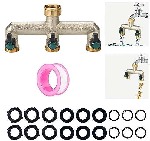 ATBEAMEN 3/4 3 Way Brass Garden Outside Tap Splitter - 3 Way Hose Manifold with On/Off Valves,Outdoor Faucet Splitter Adapter,Utility Hose Connector,with Waterstop and Rubber Washers