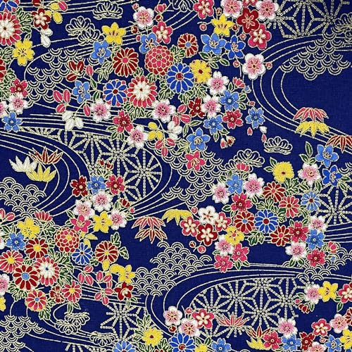 Jukway bomullstyg per meter, 50 x 145 cm, 100 % bomullstyger, bronsdesign blommigt tryckt dekorativa dukar för sömnad, quiltning, hantverk, gardiner, klädsel (02 - design, blå)