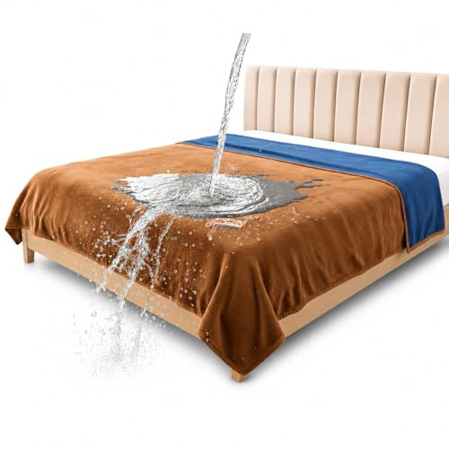 Manta impermeable King, resistente al agua, a prueba de manchas y fugas, forro polar franela reversible (marrón terciopelo y azul crepúsculo, 90 x 108 cm)