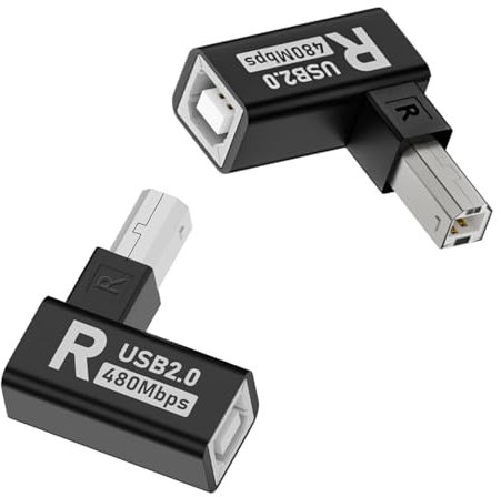 QIANRENON Lot de 2 rallonges USB B coudées à 90° pour imprimante - Connecteur USB type B vers B femelle - Adaptateur MIDI - Boîtier en aluminium - Pour imprimante, scanner, piano électrique - 2 pièces