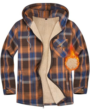 Xnova Flanellskjorta Herr Långärmad Rutig, Casual Zip Sweatshirt Huvjacka Fleecefoder, Varm Kappa Vadderad Skjorta Hoodies Sweatshirt med Fickor Vinter Höst, Apelsin, XL