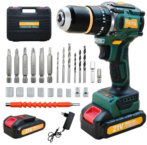 Tking 21V Akku-Bohrmaschine mit Li-Ionen 2x Akkus 24+3 Drehmoment Bohrmaschines 2-Gang-LED-Arbeitsleuchte Elektroschrauber-Set Impact Hammer Kombi-Bohrer Kombi-Bohrmaschine (Akku-Bohrschrauber/grün)