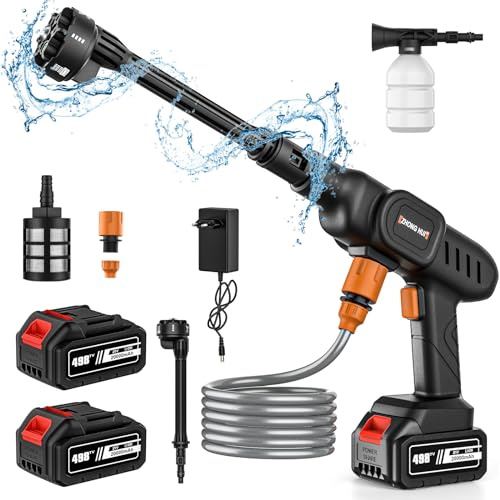 Limpiador de alta presión inalámbrico 60 bar, 300 W Limpiador de alta presión con batería, pistola de agua para lavado de coches con baterías, manguera 5 m, pulverizador de espuma (C-2 batería)
