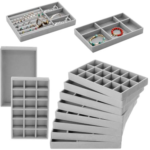 Rainmae 12 Pack Jewellery Drawers Organiser Tray for Storage Display, DIY Stackable Jewelry Box Adjustable Inserts Wardrobe Dividers Velvet Liner, Ring, Earring, Necklace Holder, Grey, 6 Style