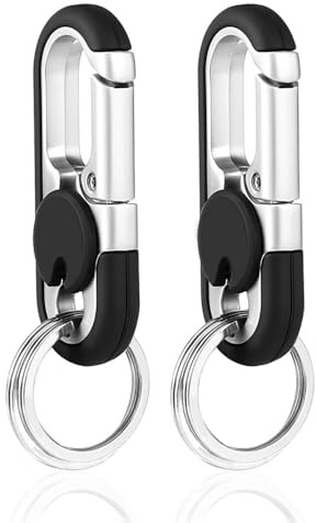 2 Piezas Mosqueton Llavero, Llavero de Coche con 4 Llaveros, Llavero de Liberación Rápida, Mini Herramientas al Aire Libre, Para Coche Hombre Mujeres Exteriores (Negro)