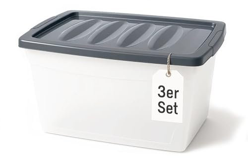 BigDean 3x 60 L Aufbewahrungsbox mit Deckel groß Budget Line Plastikbox mit Deckel