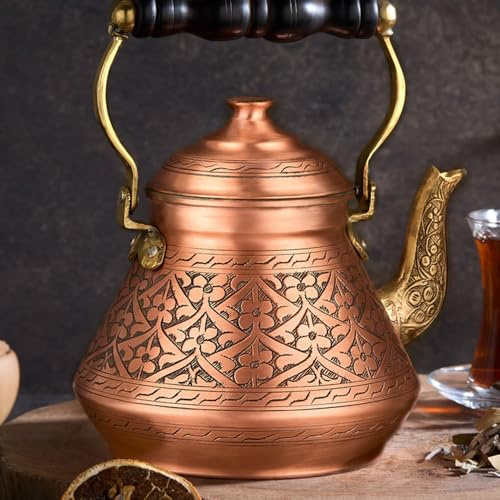 Vintage 100% Solid Pure Copper Turkish TeaPot Tea Pot Kettle for Stovetop Stove Top Traditional Decorative Fancy Arabic Moroccan Party Hammered Kitchen Antique Handmade Unique Style Gooseneck Gift