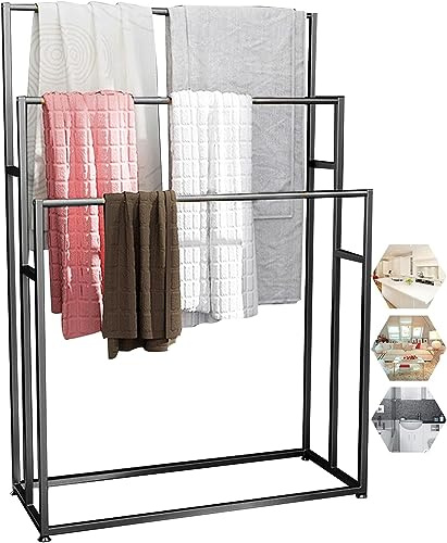 Toallero independiente, soporte de metal para toallas de baño, elegante soporte de secado para toallas, ropa y colchas, diseño que ahorra espacio (negro)