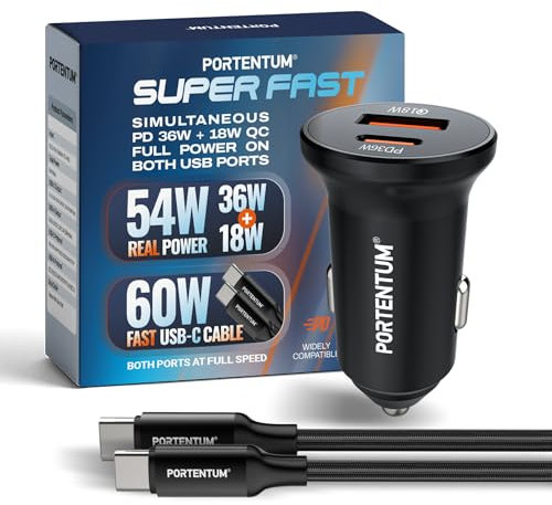 PORTENTUM Doble Cargador Coche Carga Rapida Simultánea 54W + 60W Cable USB C Fast Charge – USBC PD 36W + USBA QC 18W – Accesorio Mechero - para iPhone iPad Android Tablet Smarphone Galaxy Consola