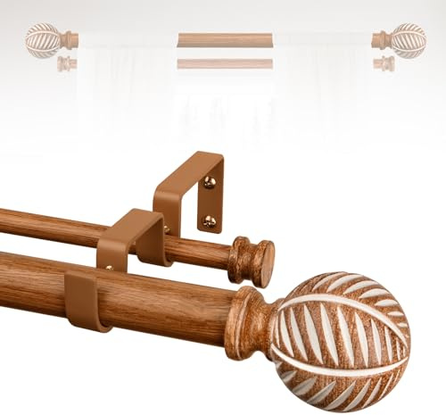 Boho Wooden Curtain Rods for Windows 66 to 120:TANGWIN 1 Heavy Duty Double Curtain Rod with Imitation Wood Grain Finials Farmhouse Decorative Wood Curtain Rod Dual Adjustable for Living Room Bedroom