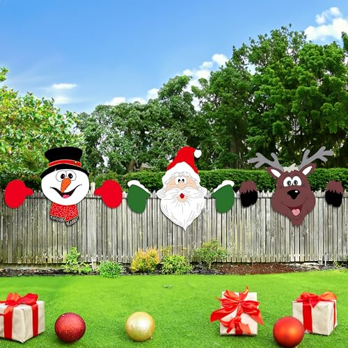 ZEXUPORIUM 3 Piezas Decoracion Navidad Exterio Valla, 30cm x 40cm Papa Noel Exterior, Renos de Navidad Mirar, Creatividad Decoración de Muñeco de Nieve, para Jardín, Patio, Fiesta