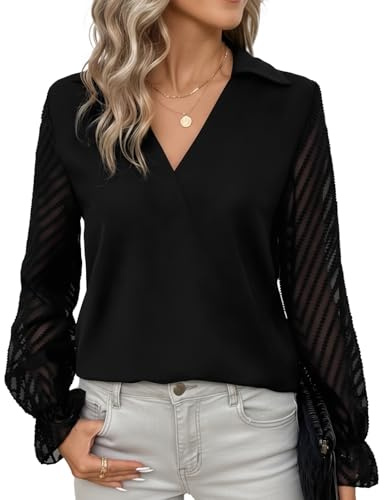viiotu Camicetta Donna Elegante in Chiffon con Scollo a V e Maniche in Pizzo per Lavoro e Feste (IT, Testo, M, Regular, Regular, Nero)
