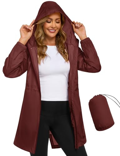 CMTOP Veste Imperméable Femme Vêtement de Pluie Légère et Pliable Poncho Pluie Coupe-vent à Capuche Manteaux Imperméables Fine Portable Trench-coat Décontracté Printemps Été(Burgundy, L)