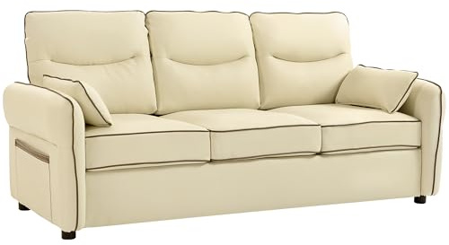 HOMCOM Divano 3 Posti Imbottito in Pelle Finta con Bordo a Contrasto, Divanetto da Salotto con Imbottitura Spessa, 2 Cuscini Rimovibile e Lavabile, Braccioli e Tasche Laterali, 190x83x90 cm, Beige