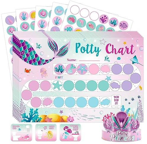 WERNNSAI Potty Training Chart - Mermaid Toilet Training Reward Chart | 270 Potty Training Stickers Crown Pink Sticker Chart for Girls Toddlers Kids Potty Training for Birthday Gift