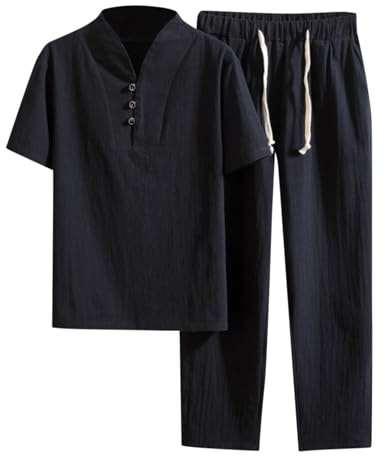 Combinaison en lin pour homme - 2 pièces - Tenue d'été décontractée - Chemise à manches courtes et pantalon long ample - Vêtements traditionnels chinois - Décapsuleur de respiration - Ensembles d'arts