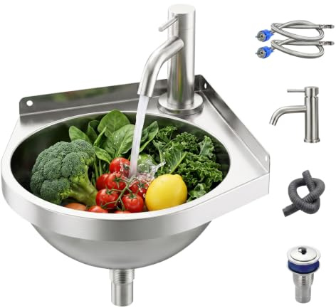Stainless Steel Corner Sink with Cold/Hot Faucet, Campervan Sink 21*21*15cm | Space Saving Corner Basin Sink, Triangular Utility Sink, Compact Hand Wash Basin for Campervan/Kitchen/RVs/Bathroom/Toilet