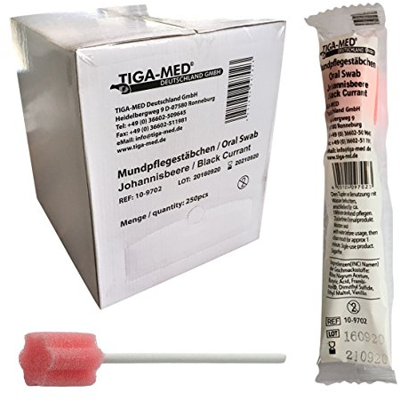 Mundpflegestäbchen Wattestäbchen Geschmack Johannisbeere Box a 250 Stck Mundhygiene Tiga-Med einzeln hygienisch verpackt