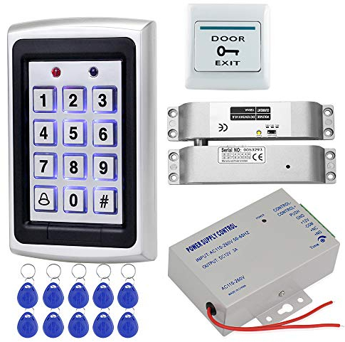 HFeng Kit Sistema Controllo Accessi Lettore EM in Metallo 125KHz RFID Controllo Accessi EM + Serratura Elettrica a bullone + Alimentatore DC12V / 3A + pulsante apriporta + 10 pz Keyfobs