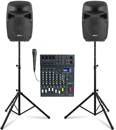 Vonyx VPS082A 8 Small PA System for Singers, Compact PA with Professional Mixer, Stands Included, Ideal for Musicians, Performances and Compact PA System for Band Applications