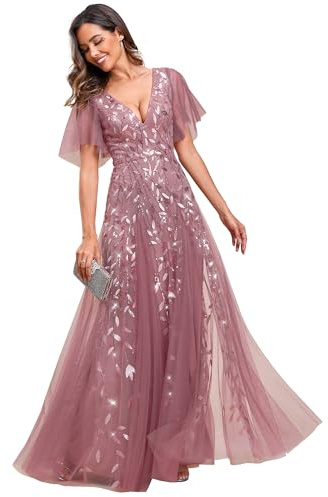 Ever-Pretty Women's V Neck Short Sleeve Elegant Floor Length A Line Long Tulle Evening Dresses 00736