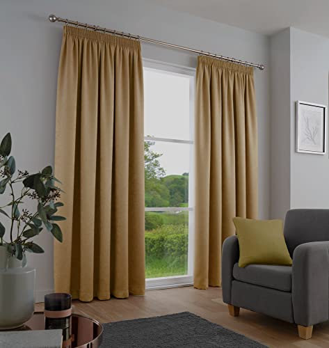 Fusion - Galaxy - Pair of Dim-out Pencil Pleat Curtains - 90 Width x 72 Drop (229 x 183cm) in Ochre