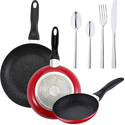 Pack De 3 Sartenes San Ignacio Ø16Cm Ø20Cm Ø24Cm + Set De 24Pc Cubertería En Acero Inoxidable, Color Negro / Cromado