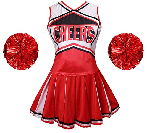 maxToonrain Cheerleader Costume Women Halloween with Pull Ring Pom Poms High School Girls Outfit Tops and Skirt 3PC Cheerleading Uniform Fancy Dress Set