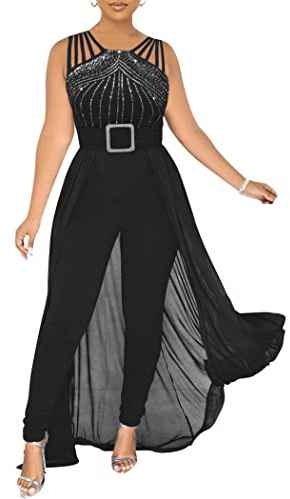 chicyes Womens One Piece Elegant Overlay Jumpsuits Dressy Plus Size Sexy Formal Sleeveless Rhinestone Romper Club Outfits Black