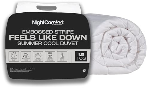 Night Comfort 1.5 Tog Summer Cool King Size Duvet - Hypoallergenic, Anti-Allergy Microfibre Soft Touch Satin Stripe Cover - Feels Like Down Hotel Collection Lightweight Duvet (White, 220cmx225cm)