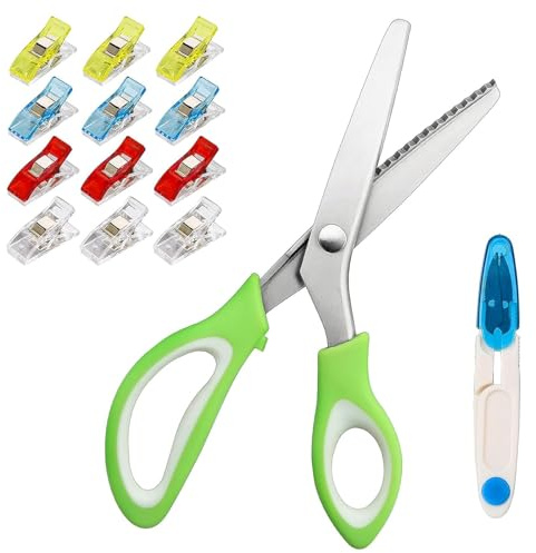 GOTRUST 1 Forbici da Sarta Dentellate Seghettate, Professionali Forbici Tagliate a Zig Zag, Forbici a Zig-zag in Acciaio Inox con 1 Forbici a Forma di U, 12 Mollette per Tessuti per Tessuti