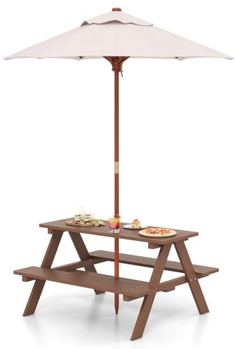 SOARS Mesa de Picnic para Niños con 2 Bancos de Madera Maciza, Conjunto de Asientos Infantiles con Sombrilla, Mesa y Banco de Jardín, Conjunto de Muebles Infantiles para Jardín, Patio