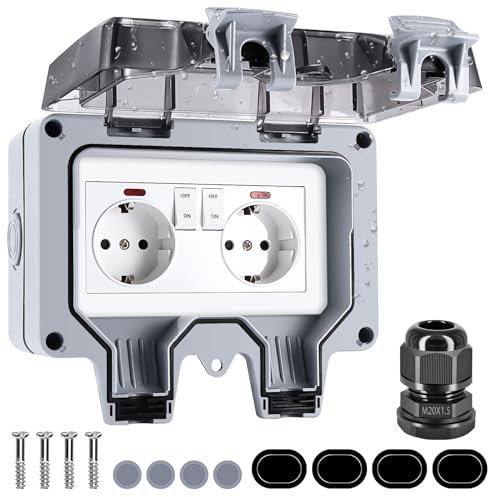 Wowlela Prise Exterieure Etanche IP66, Prise Murale extérieure avec Interrupteur Témoin Lumineux, Double Prise de Courant ésistant aux intempéries Montage en Saillie Murale de Jardin