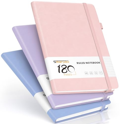 Smarpau A5 Notebooks 3 Pack, Leather Lined Journal with 540 Pages 100gsm Thick Paper, Hardcover College Ruled Notebook Journals for Women Writing Office School, 14.5 x 21cm - Pink Purple Blue