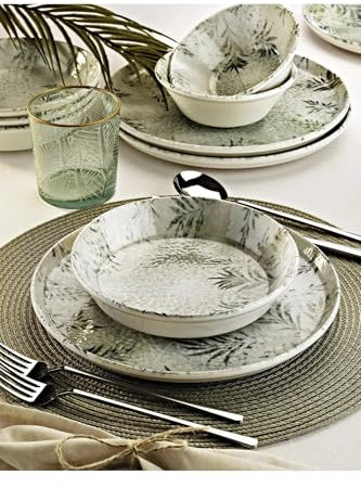 Élégant service à dîner 12 pièces, 100% porcelaine, blanc et anthracite | Comprend 4 assiettes de service (25 cm), 4 bols (14 cm), 4 assiettes (19 cm) | Passe au lave-vaisselle et au micro-ondes