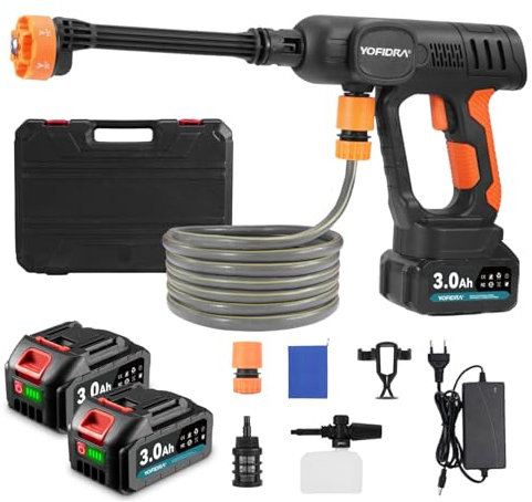 Yofidra Hidrolimpiadora de Alta Presión Limpiadora, Hidrolimpiadora Portatil MAX 60 Bar, 5 en 1 Boquilla Multiusos y 180° Boquilla Giratoria, con 2 Baterías de 3,0 Ah