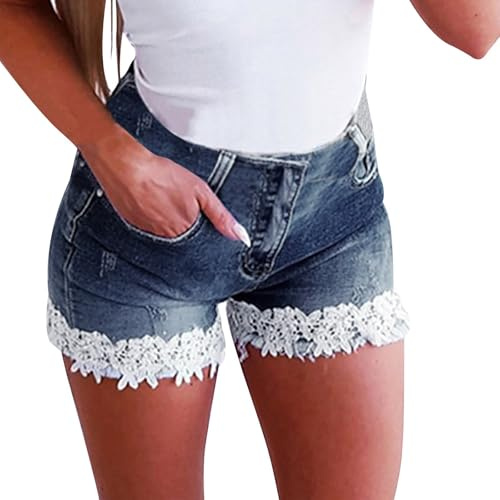 Generisch Jeans da Donna, Estivi, in Pizzo, a Vita Alta, Pantaloni Corti, Casual, Elasticizzati, in Jeans, Bermuda da Spiaggia, Sexy, con Tasche, per Il Tempo Libero, Blu, M