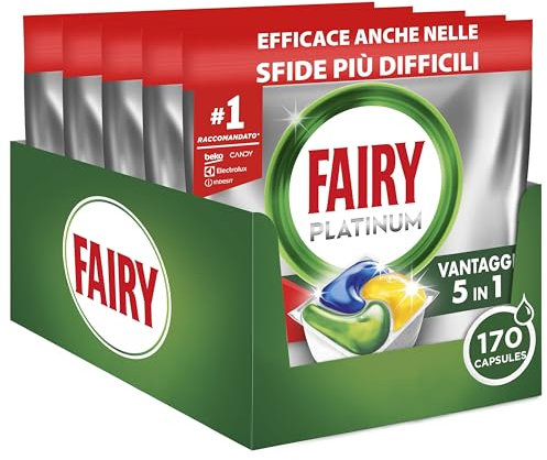 Fairy Platinum Detersivo Pastiglie Lavastoviglie Brillantante, 170 Capsule Lavastoviglie, Limone, Con Sistema Di Prelavaggio Integrato, Efficace Nelle Sfide Difficili Contro Lo Sporco